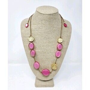 Chico's Original Chunky Pink Glass Beaded Adjustable Suede Cord Necklace 15-40"